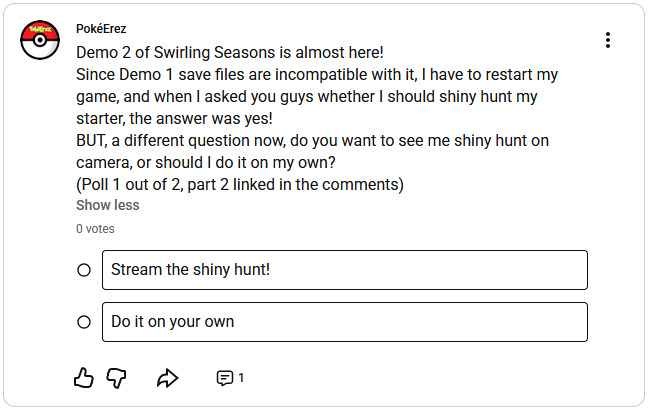 PokeErezMC's tweet photo. Demo 2 of Swirling Seasons is almost here!
Two polls are up on YouTube to help me decide how to go about starting the game anew on it!
https://t.co/PfxoQataE8
https://t.co/X1jD2m8xav https://t.co/bQFtxLo2dN