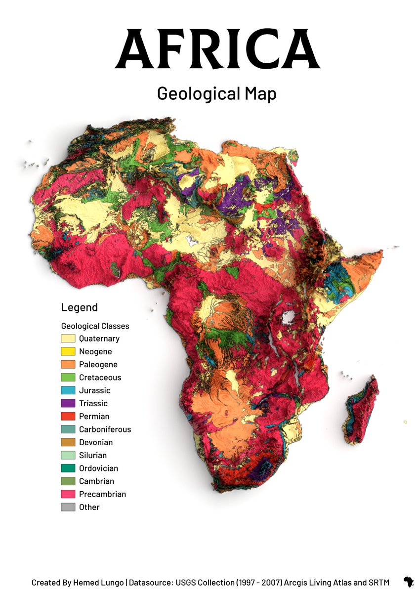 725Hemeed's tweet photo. 🗺️ Africa Geological Map 🌍
Made with QGIS &amp; Blender using:
🪨 Global Geological Age layer by @Esri &amp; @USGS
🏔️ CGIAR-SRTM DEM
Ancient shields, basins &amp; volcanoes—mapping Africa’s geological story.
#Africa #Geology #QGIS #Blender #Cartography #gischat #Map https://t.co/nKEqNQpEoK