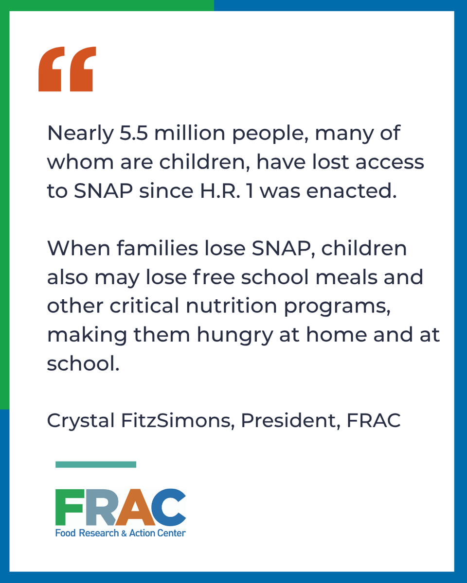 fractweets's tweet photo. Nearly 5.5 million people have lost access to SNAP since H.R. 1 was enacted.

FRAC is urging Senators to reject a Farm Bill that fails to reverse these devastating cuts and leaves SNAP costs shifts to states in place.

Read more: https://t.co/pRIjDhlSDN https://t.co/BNAzMaYWeB