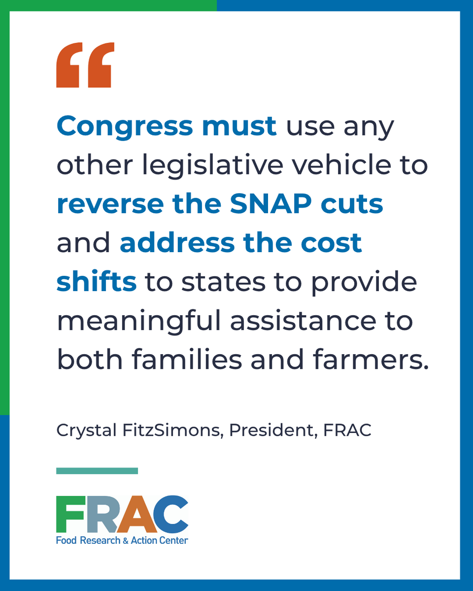 fractweets's tweet photo. Nearly 5.5 million people have lost access to SNAP since H.R. 1 was enacted.

FRAC is urging Senators to reject a Farm Bill that fails to reverse these devastating cuts and leaves SNAP costs shifts to states in place.

Read more: https://t.co/pRIjDhlSDN https://t.co/BNAzMaYWeB