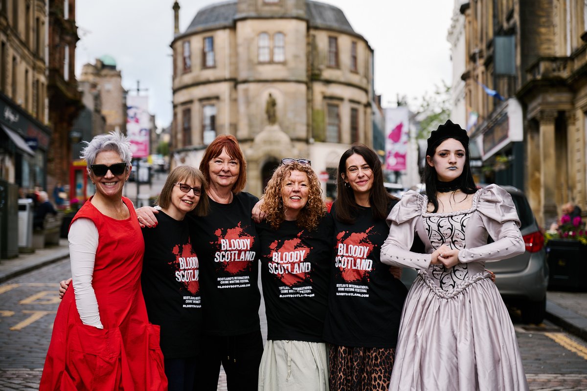 Guest programmer Denise Mina with authors and a costumed actor with the 'Royal Stirling' theme at the launch of this year's Bloody Scotland programme in Stirling