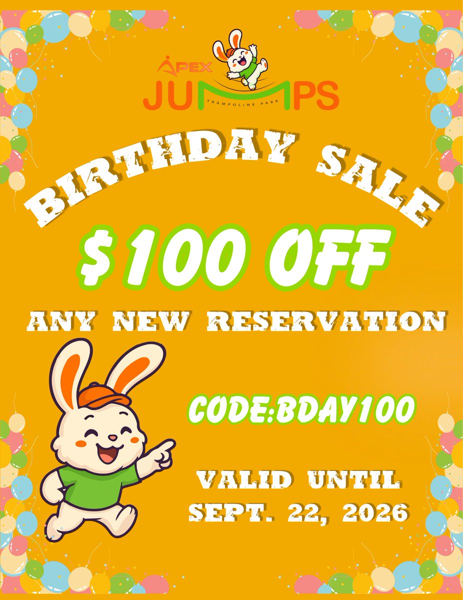 AJdublinoh's tweet photo. 🎈$100 OFF JUST GOT EXTENDED!🎈

You now have until Sept. 22 to grab the Birthday Flash Sale!

🎂 Any new birthday reservation

🎟️ Code: BDAY100

#apexjumps #birthdaysales #FamilyFun #indoortrampolinepark #trampolinepark #indooractivities #dublinohio https://t.co/3kzbjdvQFY
