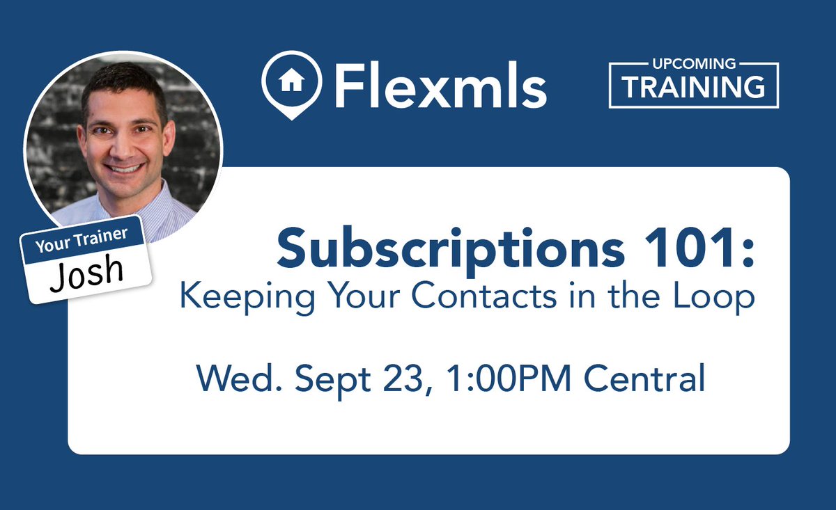 flexmls's tweet photo. Want a simple way to keep your contacts engaged?

Join our live training to learn how Subscriptions can automatically send clients new and updated listings based on what matters most to them. We’ll walk through setup, share best practices, and answer common questions along the way. Save your spot: https://t.co/NVLOEEmL6x