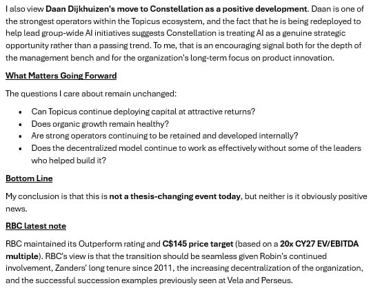 OlivierBib's tweet photo. Topicus CEO transition. 

Another step in the changing of the guard across the CSI ecosystem. 

The investment case increasingly rests on the durability of the system rather than the individuals who built it.

My notes here and on substack (link in bio)👇

$TOI.NE https://t.co/UB3mWd70kr