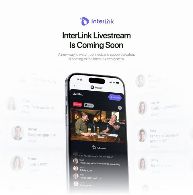 interlinkflow's tweet photo. 📺 INTERLINK LIVESTREAM IS COMING SOON

A new way to watch, connect, and support creators is coming to the InterLink ecosystem.

With InterLink Livestream, streamers will be able to continue broadcasting on their existing streaming platforms and connect their stream source directly to the @inter_link App.

Linkers will soon be able to:
• 📡 Watch livestreams directly inside InterLink
• 💬 Comment and interact in real time
• 💎 Tip streamers directly with ITL

For creators, InterLink Livestream will open another destination to reach and engage their communities without changing the way they already stream.

For users, livestreaming will become more than just watching content. It will bring content, community, and ITL payments together in one experience.

Another new experience is coming to @inter_link.

#InterLink #ITL #ITLG