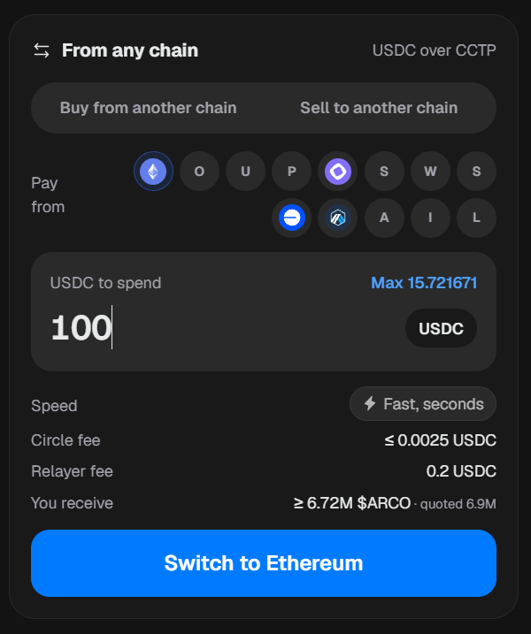 ArcoDotCash's tweet photo. Your USDC is on one chain. The coin you want launched on another.

On https://t.co/c1JCU7yp64 that's one click. Pay from where your money already is:

Ethereum · Base · Arbitrum · Optimism · Polygon · Avalanche · Unichain · Linea · Sonic · World Chain · Monad · Sei · Ink

Pick a chain, type an amount, confirm. Arco carries the USDC across and buys the coin for you.

No bridge tab. No second wallet setup.
@arc