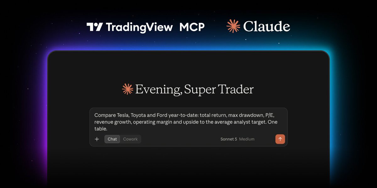 milesdeutscher's tweet photo. TradingView just shipped its new official MCP server for Claude.

Your AI agents can control your charts, set price alerts, conduct research & more by pulling directly from your TV account.

If you want to set up the updated connection, do this:

Step One: Copy this link: https://t.co/uSbdns1szG

Step Two: Open Claude, go to Settings → Connectors → Add custom connector, then paste the link there

Step Three: Sign in to TradingView & approve access

Step Four: Start prompting

Example prompts:

→ "Pull the current support/resistance setup on [ticker] and give me the bull and bear case with key levels"

→ "Find stocks showing bullish RSI divergence on the 4H timeframe right now"

→ "Give me a full read on [ticker]: trend, momentum, support and resistance, and any active chart patterns"

→ "What are today's biggest news movers? Also, give me an update on any important upcoming events."

→ "Set an alert for when [ticker] closes above [level], and tell me the moment my watchlist hits any of my invalidation levels"

Bookmark this so you don't forget to get started.