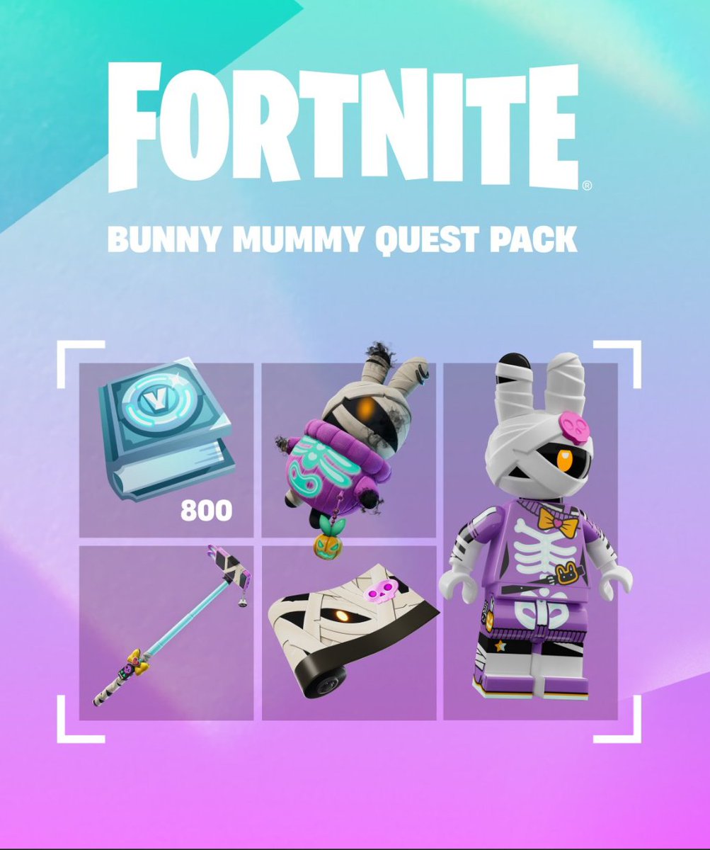 HYPEX's tweet photo. NEW BUNNY MUMMY QUEST PACK

• $9, releasing on Oct 3 until Dec 5
• 800 VB, Skin, Pickaxe, Wrap &amp; Backbling

[VIA @ShiinaBR] https://t.co/14QJOyMMqz