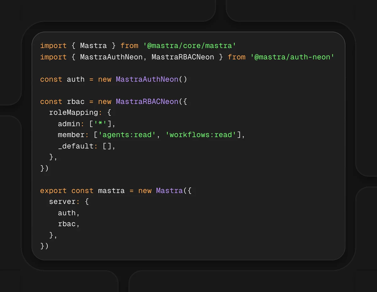 Code snippet displays role-based access control setup for Mastra, defining permissions for admin and member roles.