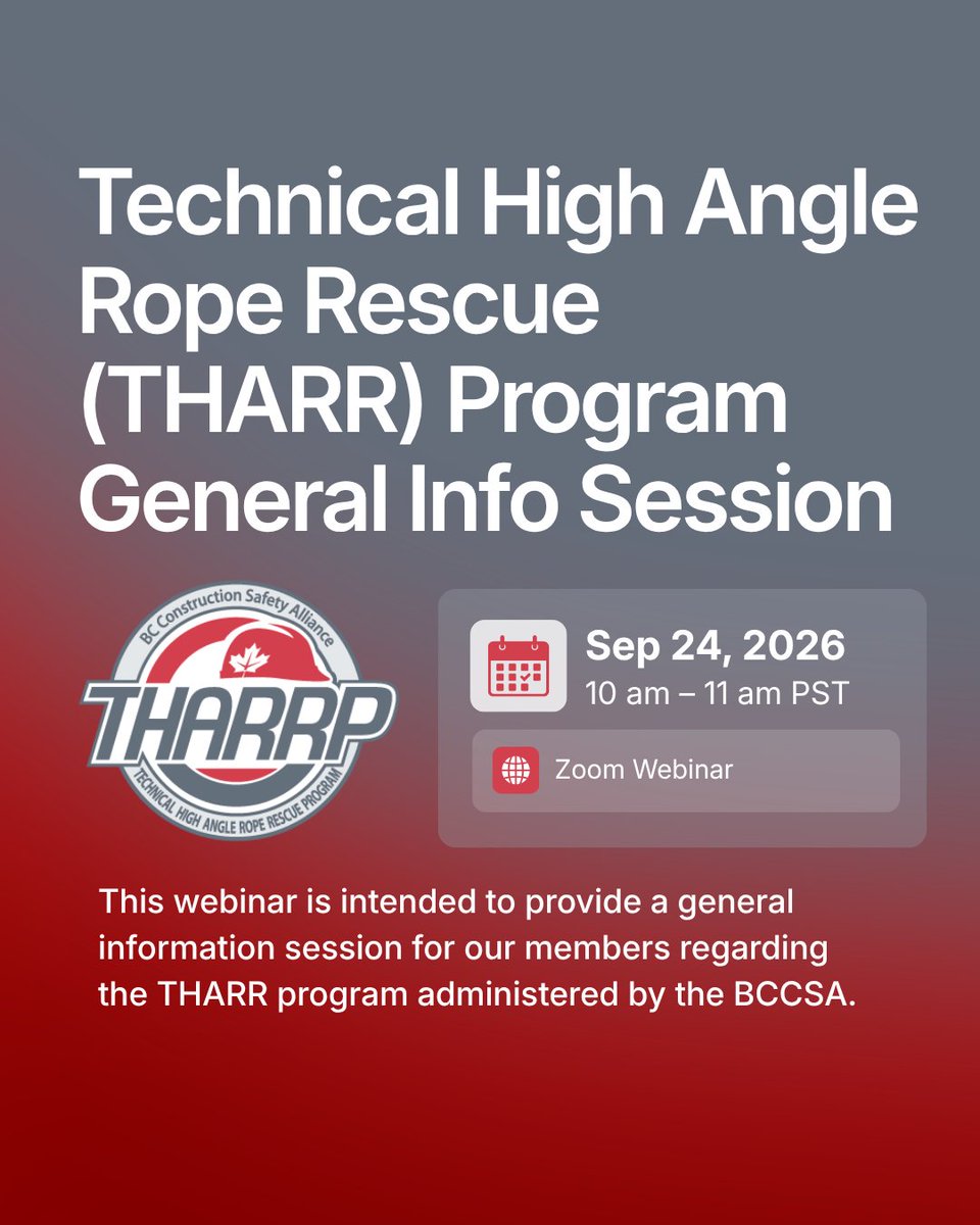 BCCSABeSafe's tweet photo. Join the BCCSA Technical High Angle Rope Rescue (THARR) Program administration team on September 24 for an informative session about the THARR Program and our online portal.

This free webinar is intended to provide some general information about the program and how to get started with our online portal. With over 40 municipal fire departments in the program, we have coverage all over the province for high angle rope rescue.

📅 Date: September 24
🕜 Time: 10:00 am – 11:00 am PST
📍 Location: Zoom Webinar 
💲 Cost: Free 

Register your spot today:  https://t.co/U0dLlMXpYF