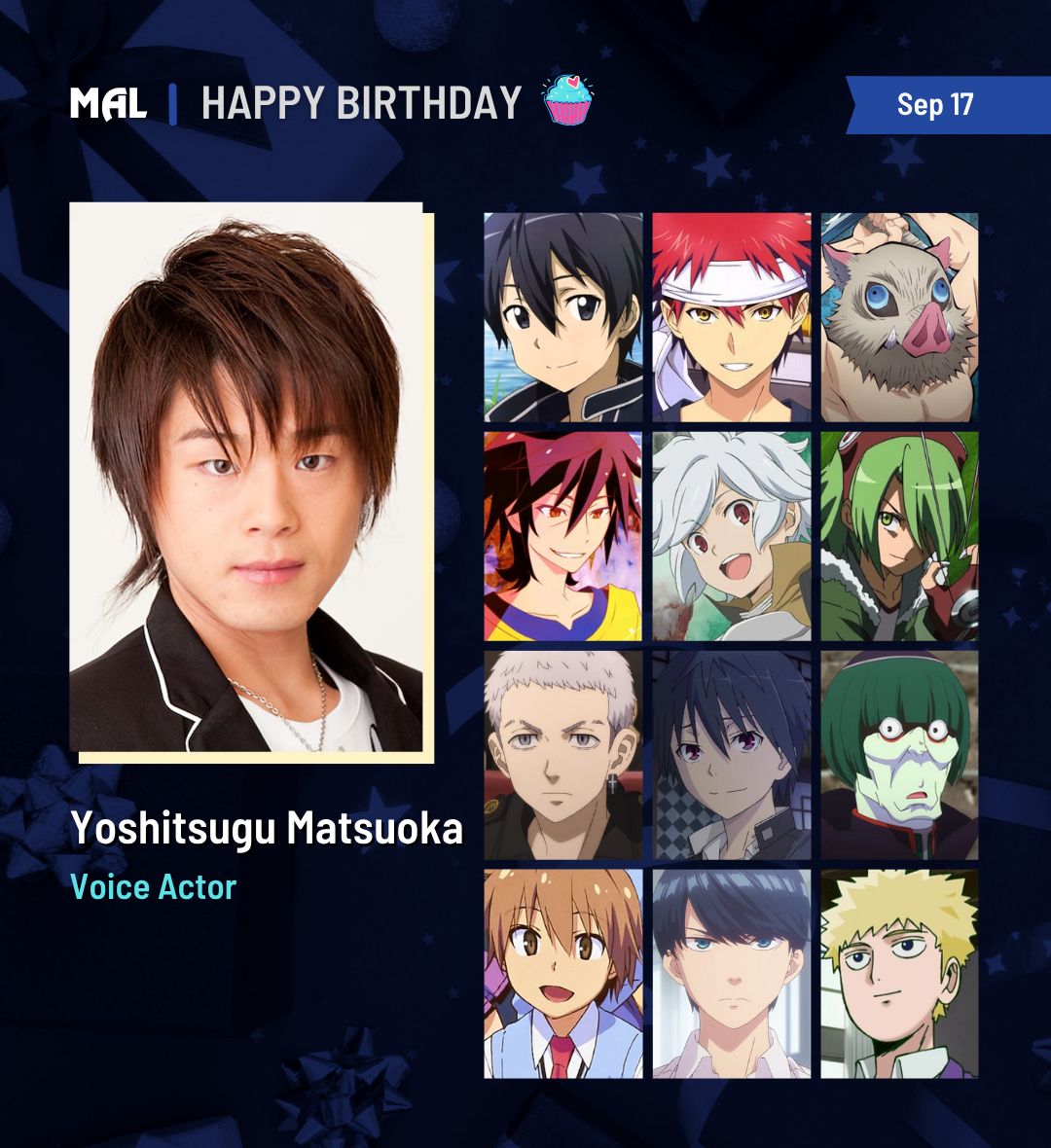 myanimelist's tweet photo. Happy 40th birthday to Yoshitsugu Matsuoka! 🎂

Full profile: https://t.co/zSsppsRMXD https://t.co/3dvtwJQ1Wa