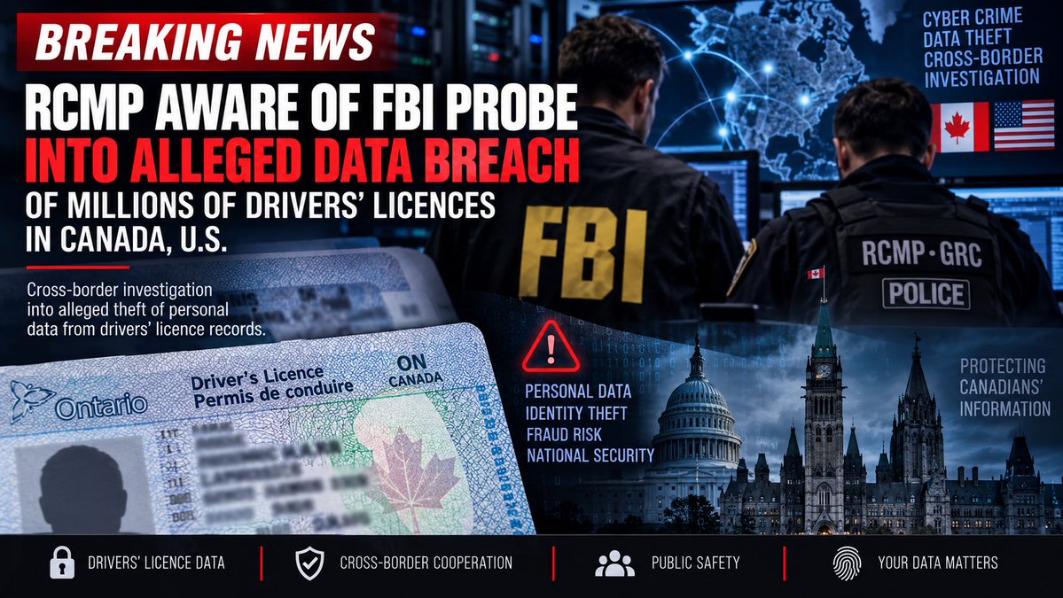 Watchdog_MP's tweet photo. 🚨 RCMP just confirmed they’re “aware” of the FBI probe into 153 MILLION stolen driver’s licences.

1.1 million of those are Canadian. Nearly 474,000 from Ontario alone. 🇨🇦 

FBI has been on this for two weeks. Our IDs, photos, and security features were being sold on the dark web.

“Monitoring” isn’t a plan. What are provincial & federal government going to do? 
#cdnpoli #CyberAttack