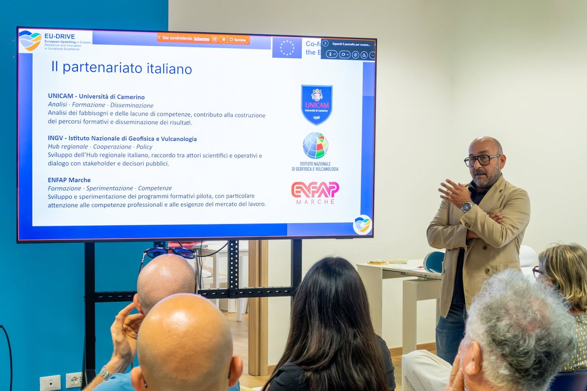 EUDRIVE_CoVE's tweet photo. On Sept 15, our Italian partners held a focus group on Disaster Risk Management.
Local actors gathered to discuss key challenges in flood, fire, and drought response to help shape future civil protection training.
Impressive work by @UniCamerino, Enfap Marche and @INGV_press👏👏 https://t.co/YeXyizYZx1