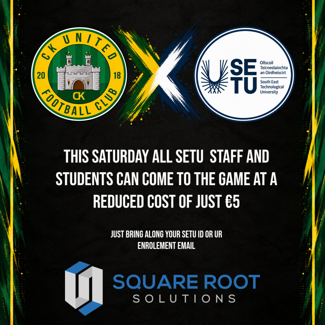 CKUFirstTeam's tweet photo. 🎓⚽ SPECIAL OFFER FOR SETU STAFF &amp; STUDENTS!

All SETU staff and students can gain entry to this weekend’s CK United game for just €5! 💚💛

Simply bring your valid SETU College ID or enrolment email and present it at the gate to avail of the reduced admission. https://t.co/IsPVue5CqD