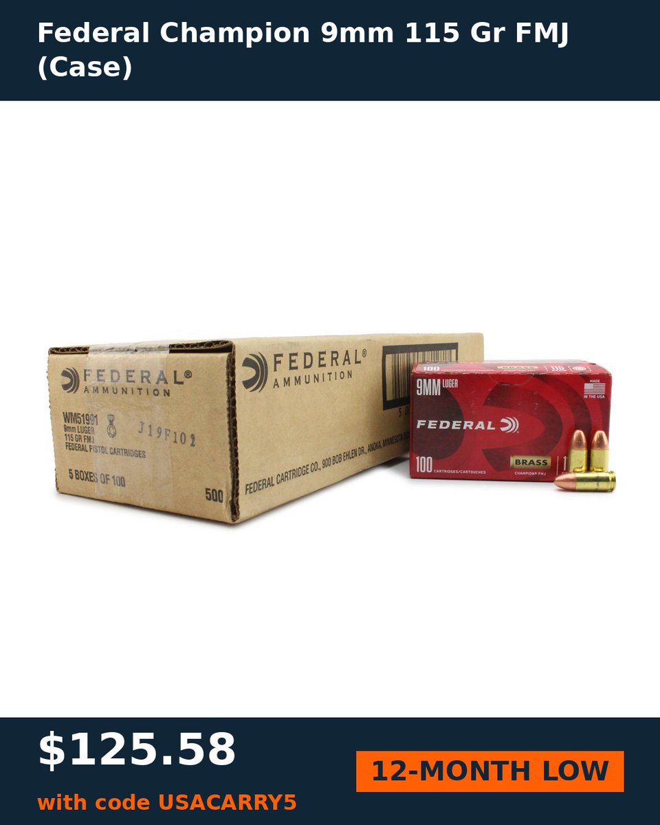 TheGunSearch's tweet photo. Federal Champion 9mm 115 Gr FMJ (Case) $125.58 with code USACARRY5 at Ammunition Depot. Lowest price in 12 months. Follow for more deals. https://t.co/FGZIjnO2NA https://t.co/n942zdXcZs