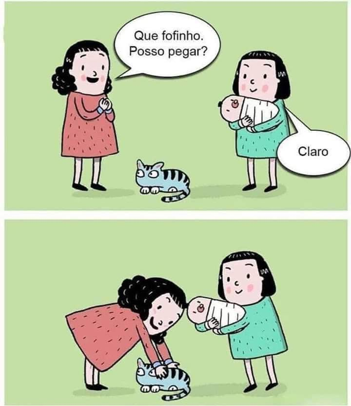 Tirinha feita em dois quadros. 1 Mulher de vestido vermelho de pé, na frente dela um gatinho cinza rajado deitado no chão e mais à frente uma mulher de vestido azul com um bebê no colo. A mulher de vermelho diz "Que fofinho, posso pegar?" e a mulher de azul diz "Claro". 2 A mulher de azul se inclina pra entregar o bebê e a mulher de vermelho abaixa pra pegar o gatinho no chão.