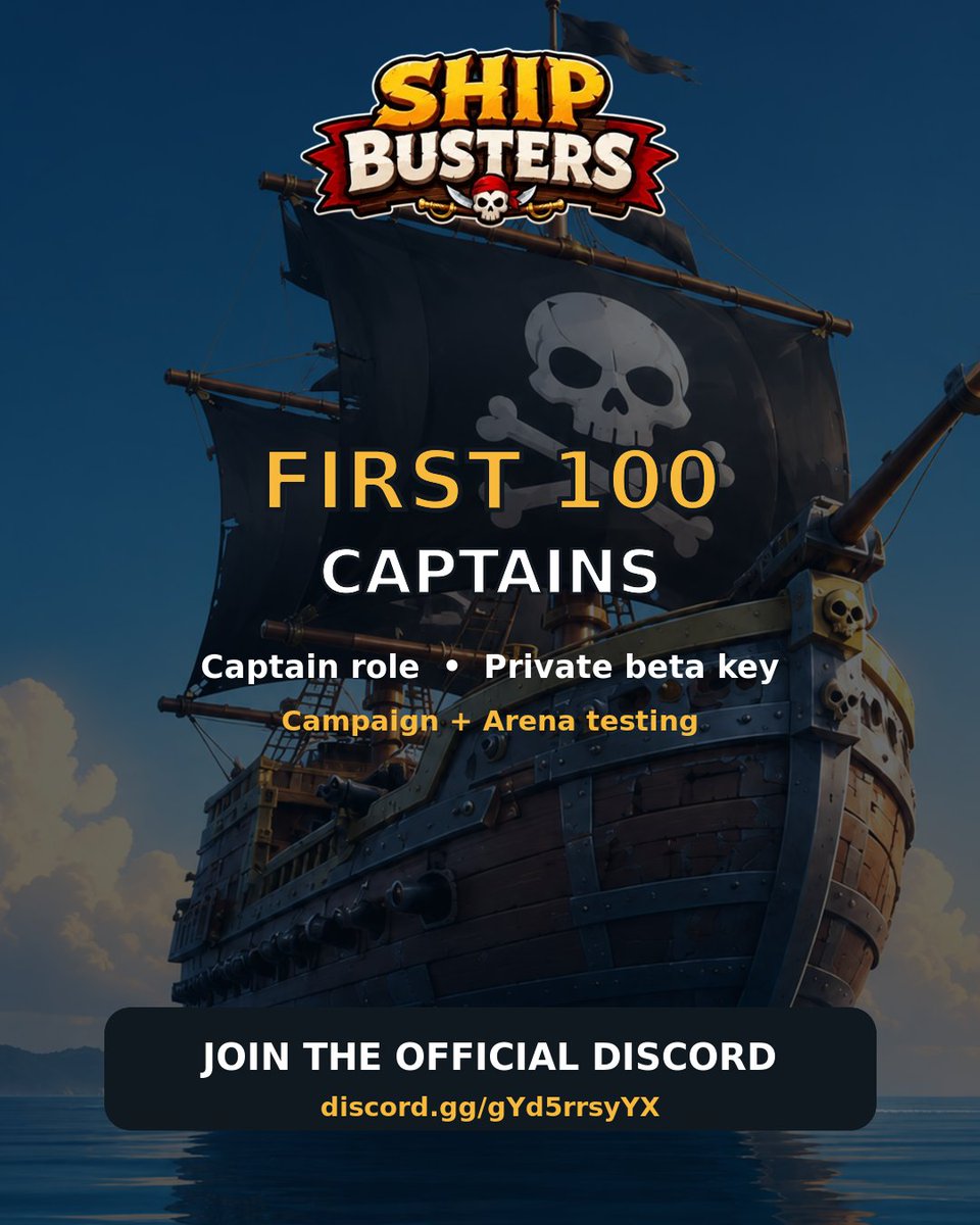 ShipBustergame's tweet photo. The first 100 captains get the key.
 
Join the Ship Busters Discord, earn the Captain role, and get first access to the private browser beta.
 
Join Discord and claim the Captain role: https://t.co/17trN52cyj

#ShipBusters #IndieGame https://t.co/mewZ3X8NqZ