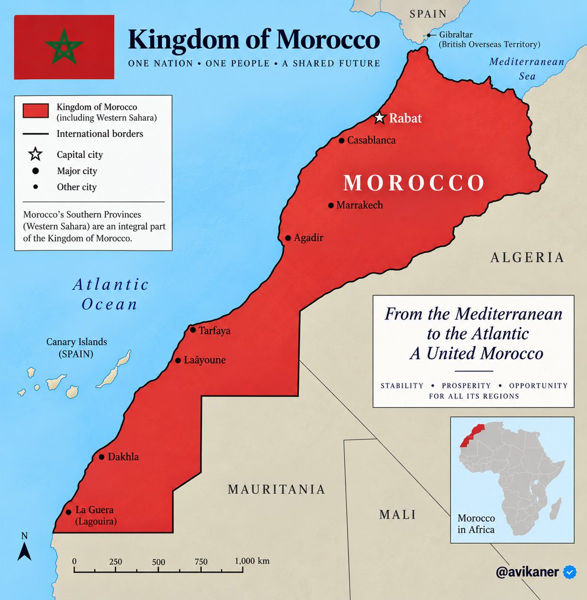 AviKaner's tweet photo. Morocco 🇲🇦 is a proud nation with an extraordinary history, a vibrant culture and an important role connecting Africa, Europe, the Middle East and the Atlantic world.

Wishing the people of Morocco continued peace, prosperity and success. https://t.co/UetarwpkDe