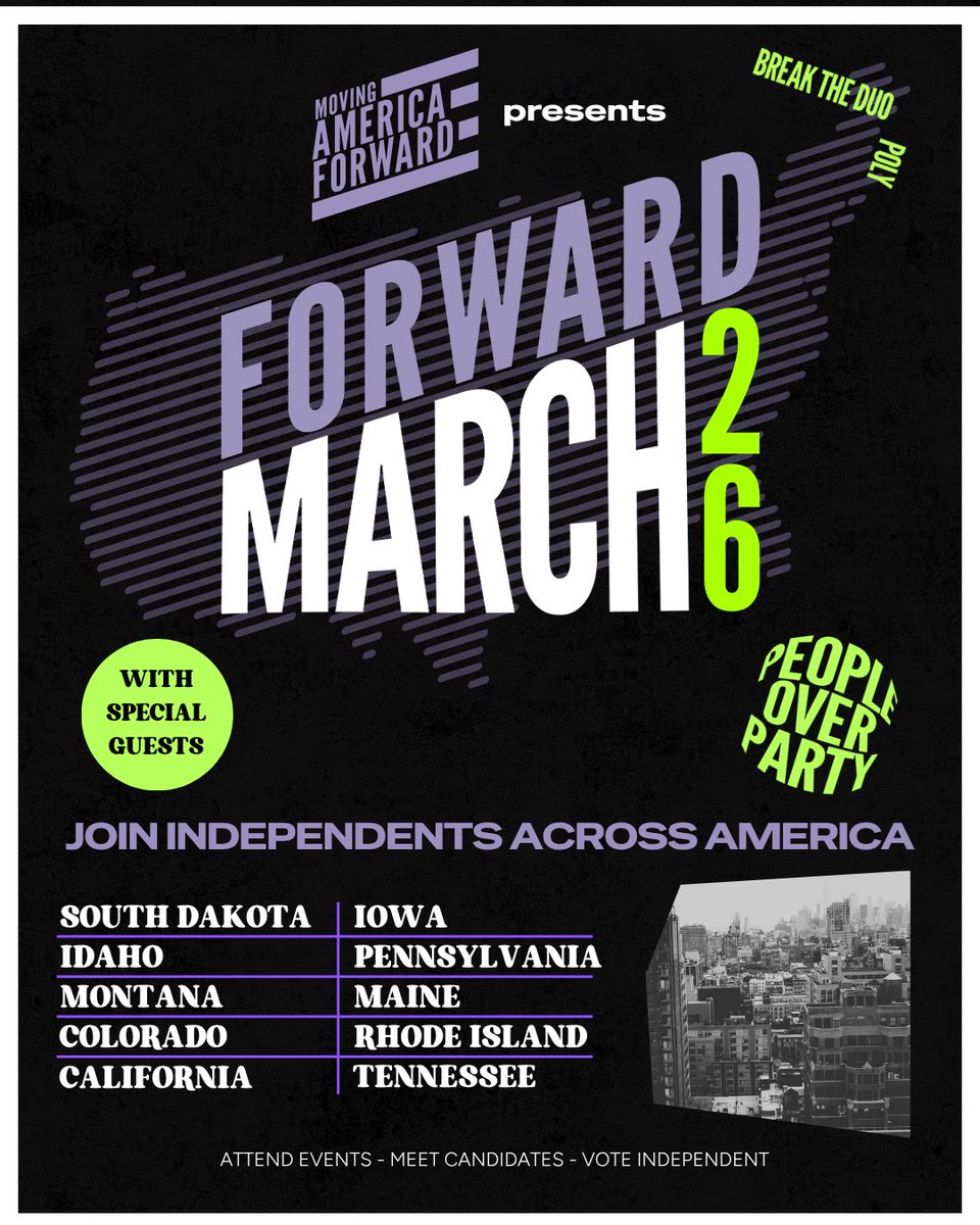 Fwd_Party's tweet photo. Are you ready to build the infrastructure to power the future of democracy? Our partner, Moving America Forward, is doing just that!

Independent voters are now America's largest voting bloc — and its least engaged. MAF invests in the data, organizing, and outreach infrastructure that gives them a real seat at the table.

Join the Fellows leading the charge by signing up: https://t.co/IHgV8urciB

@KeoniAricayos