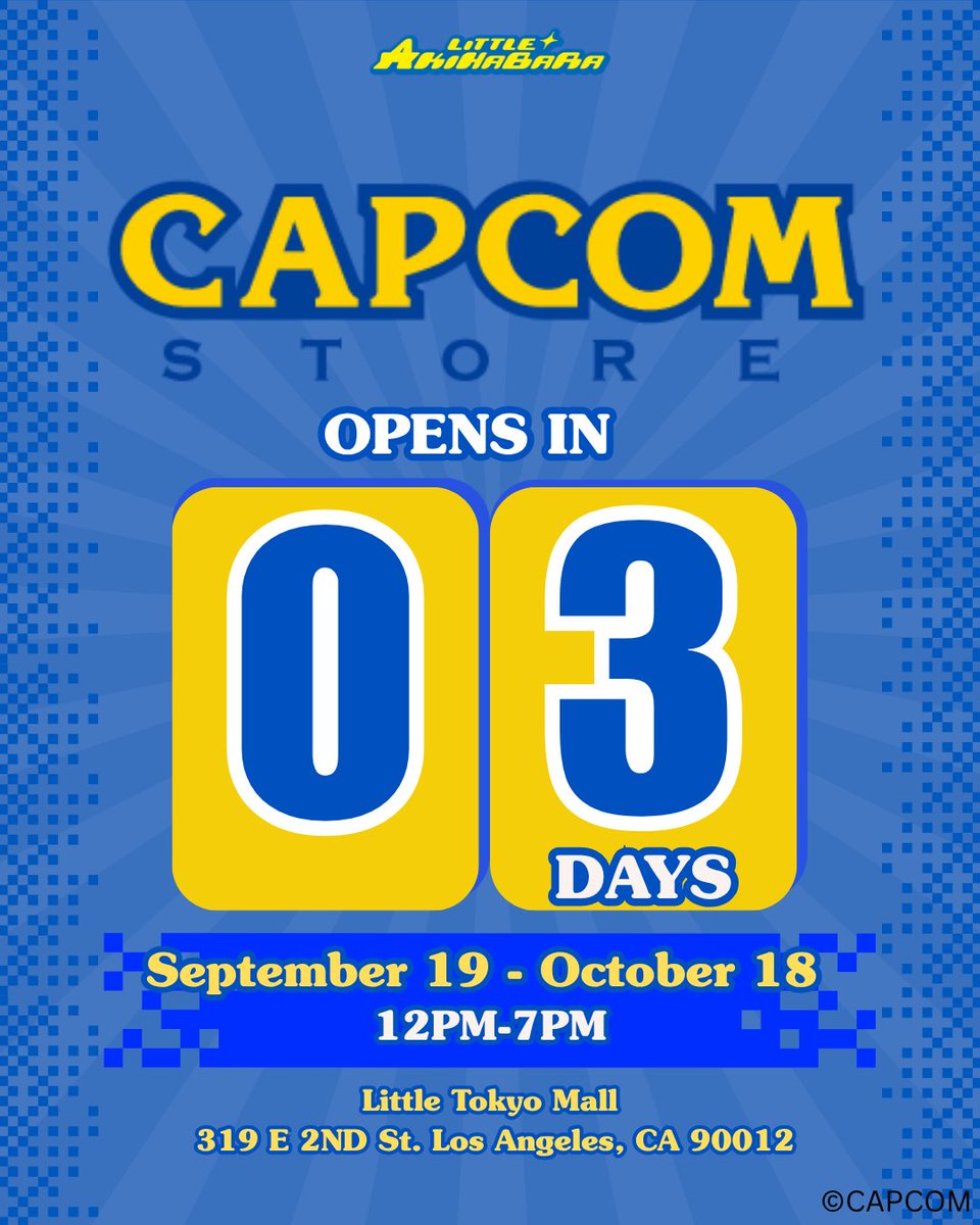 littleakiba_LA's tweet photo. 3️⃣ DAYS LEFT UNTIL THE CAPCOM STORE POP-UP SHOP IS HERE🫢‼️
I just know everyone is excited and we are too! We have a few updates/reveals before this weekend!
📍319 E 2nd St. Los Angeles, CA 90012
📆September 19-October 18
⏰12-7PM
#CAPCOMPopUp #LittleTokyo #CAPCOM https://t.co/blnioSCh8i