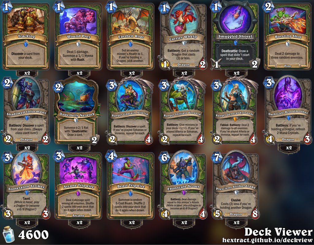Hunter deck ft Dragon & Tripwire packages. Slitherdrakes and Broodmothers slotted in to accommodate nerf to Tolvir. Triumphs subbed out for 2nd Wound Prey & a Bursting Shot.
