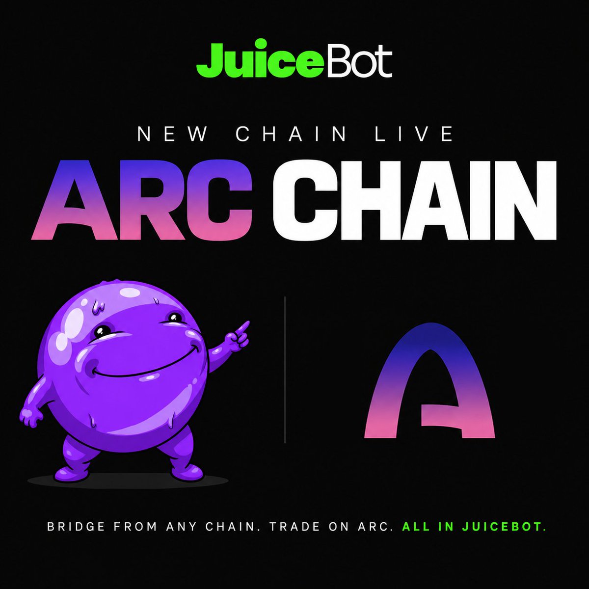 juicebotapp's tweet photo. ARC CHAIN IS LIVE ON JUICEBOT 🧃

Trade ARC tokens directly from the bot.

Funds on another chain? Use JuiceBot’s ultra-fast bridge to move over from any supported chain in seconds.

Bridge in. Trade. Juice. https://t.co/gJLgHJe2k6
