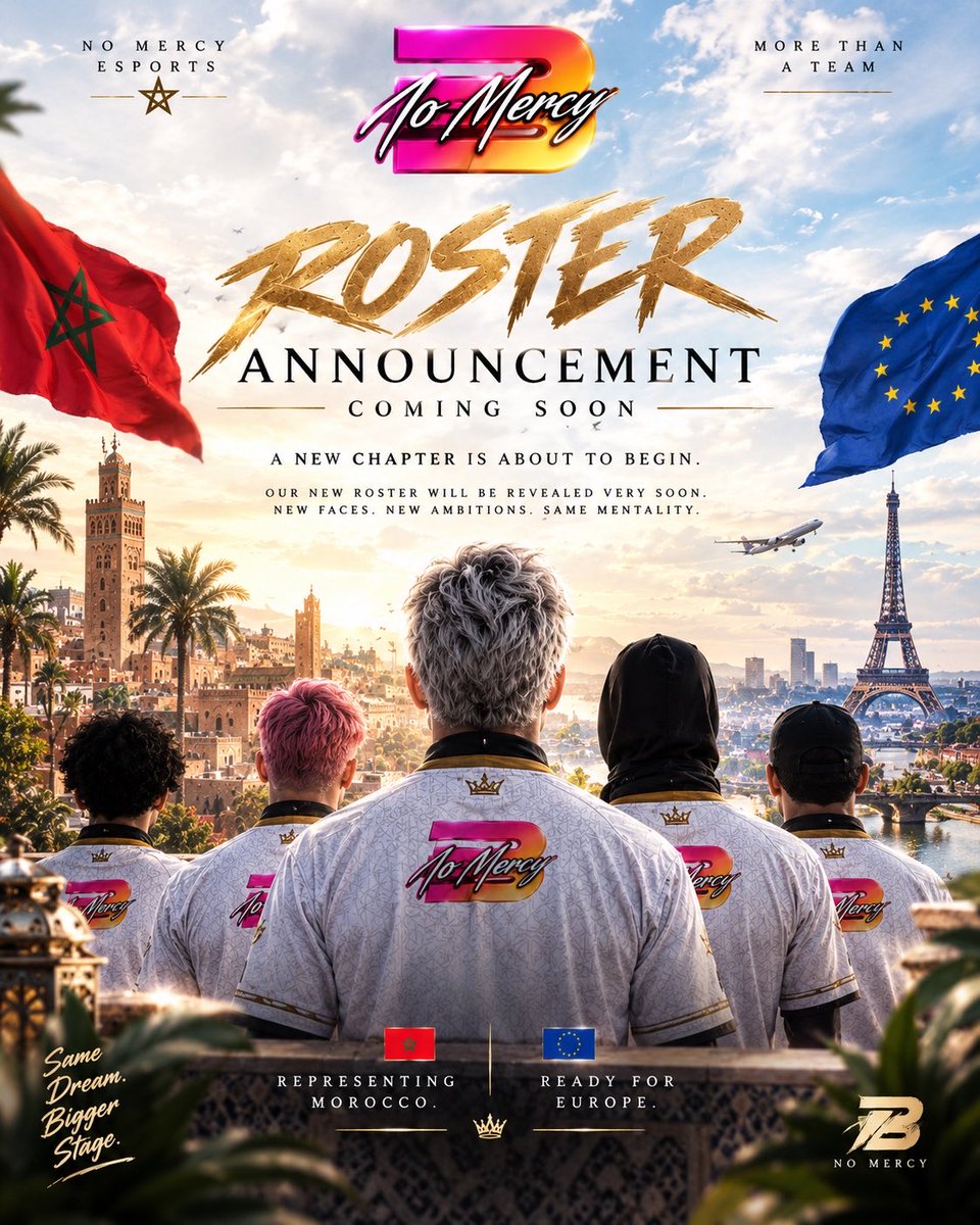 NoMercy_Ma's tweet photo. 🇲🇦 FROM MOROCCO TO EUROPE 🇪🇺
A new chapter is about to begin.

New faces. New ambitions. Same mentality.

Our new roster will be revealed very soon. 👀

Stay tuned. 🖤👑
#NoMercy #NoMercyEsports #Morocco #FromMoroccoToEurope #RosterAnnouncement #EAFC https://t.co/uNxv1aEQ2U