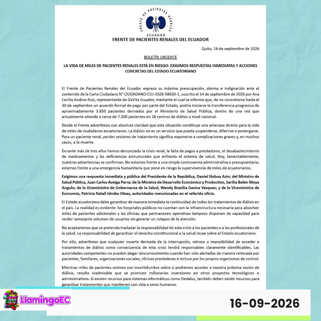 LlamingoE's tweet photo. #SALUD | 3.850 PACIENTES PODRÍAN SER DERIVADOS SI NO HAY ACUERDO CON DAVITA

El Frente de Pacientes Renales del Ecuador alertó que, si el Estado no concreta hasta el 30 de septiembre un acuerdo de pago con DaVita Ecuador, podría iniciar la transferencia progresiva de aproximadamente 3.850 pacientes. La red actualmente atiende a cerca de 7.300 personas en 28 centros de diálisis a escala nacional.

Los pacientes exigen respuestas inmediatas al Gobierno y advierten que el sistema público y las clínicas que permanecen operativas no tendrían capacidad para absorber a miles de usuarios adicionales. Además, cuestionan que durante años hayan denunciado la crisis renal sin soluciones estructurales y reclaman fiscalizaciones y medidas urgentes para garantizar la continuidad de los tratamientos.

Nota: FMC

#PacientesRenales #Diálisis #SaludPública #IESS