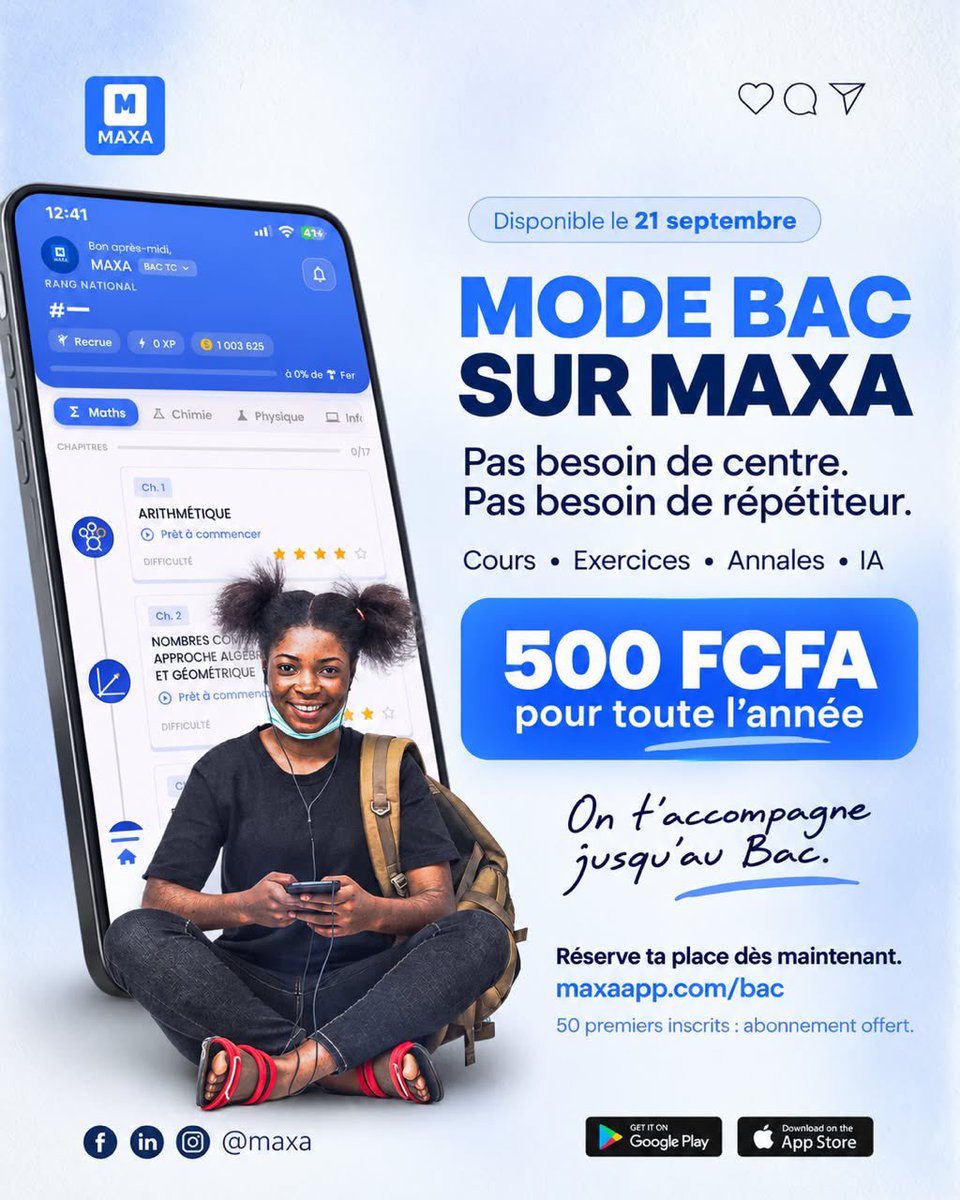 marcloicabena's tweet photo. On s’est fixé un objectif un peu fou avec MAXA : 10 000 abonnements au Mode BAC cette année. 🇨🇲

Le prix : 500 FCFA pour toute l’année.

Pour 500 FCFA, un élève de Terminale peut retrouver au même endroit les ressources pour travailler toute son année : cours, exercices, corrigés, entraînements…

On a lancé le Mode BAC il y a seulement quelques jours, sans encore faire de vraie communication.

20 élèves se sont déjà abonnés, et les premiers retours sont vraiment encourageants.

Il nous en reste 9 980.

Si tu connais un élève en Terminale au Cameroun, envoie-lui MAXA.

Et si tu n’en connais pas, un repost peut quand même permettre à ce tweet d’arriver jusqu’à lui.

500 FCFA ne devrait pas être ce qui empêche un élève d’avoir de bonnes ressources pour préparer son BAC. 🇨🇲