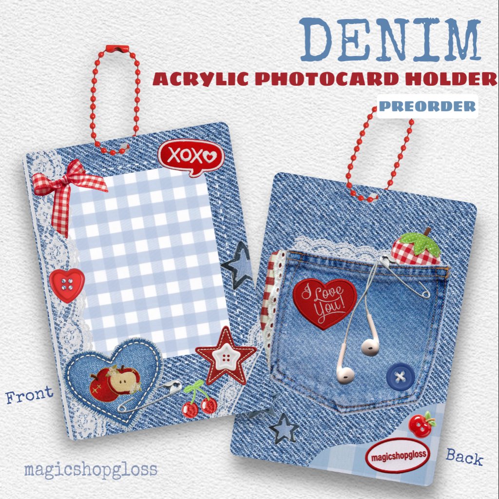 junghooniie's tweet photo. Denim Acrylic Photocard Holder 👖🍎🧺

Available this Friday @ 12pm cst!! 
This is design 1/3 I’m dropping in my shop update so stay tuned!
🌟 https://t.co/GBSZTKmRJj
*these will be a preorder! shipping in october https://t.co/dcZVr9NWLJ