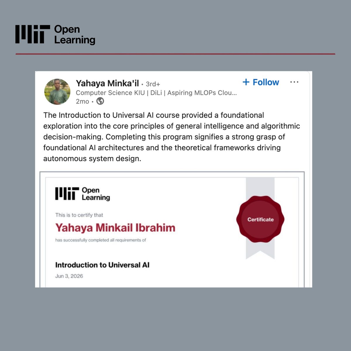 mitopenlearning's tweet photo. Congratulations to the 3MTT Nigeria learners who recently completed Universal AI with MIT Open Learning! 

Through Nigeria's 3MTT initiative, these learners gained access to Universal AI and put in the work to build practical skills they can use right away.

We're proud to see so many of you sharing your achievement here on LinkedIn. 

This is just the beginning!

Explore Universal AI and more at https://t.co/Ra69l1UzIP