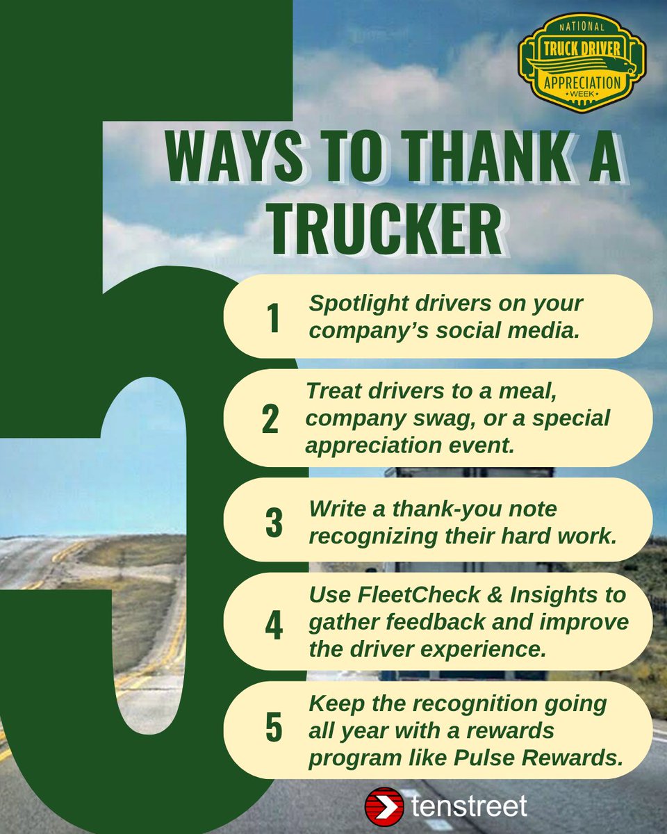 tenstreet's tweet photo. Here are five ways to thank a trucker this #NTDAW—three ideas you can put into action this week and two ways Tenstreet can help you keep the appreciation going all year long! 🚛💛

How is your company celebrating its drivers this week? 👏 https://t.co/VzSPdT5plI