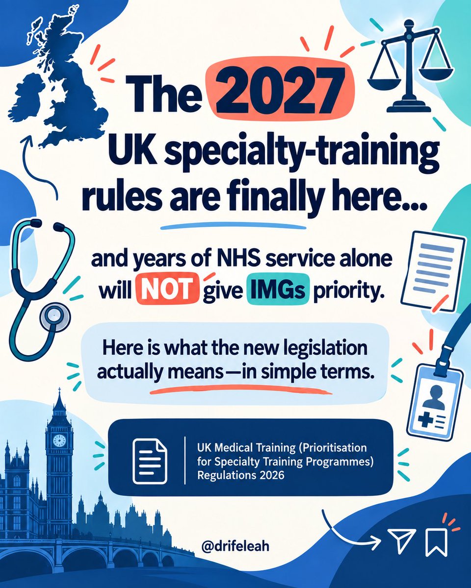 drifeleah's tweet photo. The 2027 UK specialty-training prioritisation rules have now been set out ….

From 2027, prioritisation will operate at both the shortlisting and offer stages. This means the rules may affect not only who ultimately receives a post, but also who progresses to interview.

Priority may be obtained through an eligible primary medical qualification, specified citizenship or immigration status, or completion of a relevant UK training programme. However, working for several years in trust-grade or locally employed posts does not, by itself, confer priority.

It is also important to distinguish the legislation from the BMA’s five-year NHS/HSC experience policy. That was a professional-body policy position; it is not the same as the criteria contained in the newly published regulations.

As an IMG myself and someone who has mentored many IMG doctors through UK training applications, I recognise how unsettling this will be. This is not a reason to panic or automatically give up. It is a reason to understand your individual position early, prepare strategically and keep realistic alternative routes open.

Information correct as of 15 September 2026. Official guidance may continue to be updated.
.
.
Are you applying for UK specialty training in 2027?

💬 Comment with your biggest question
🔖 Save this before completing your Oriel application
📤 Share it with an IMG colleague who needs clarity