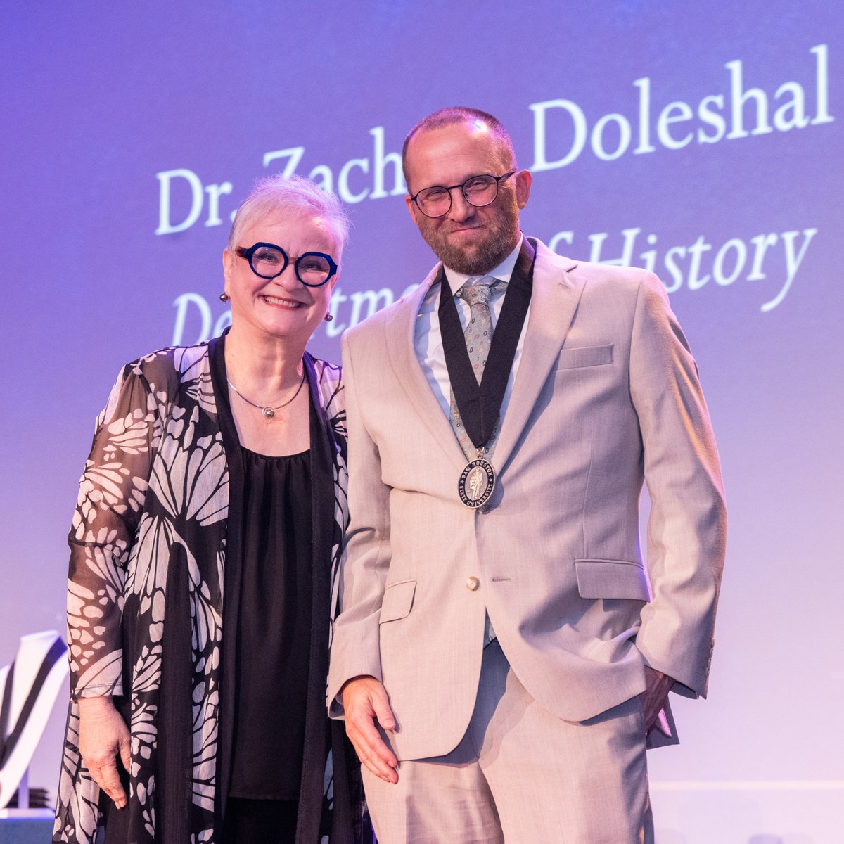 Sam Houston State University's Zachary Doleshal stands with President Alisa White at the 2026 Academic Awards.