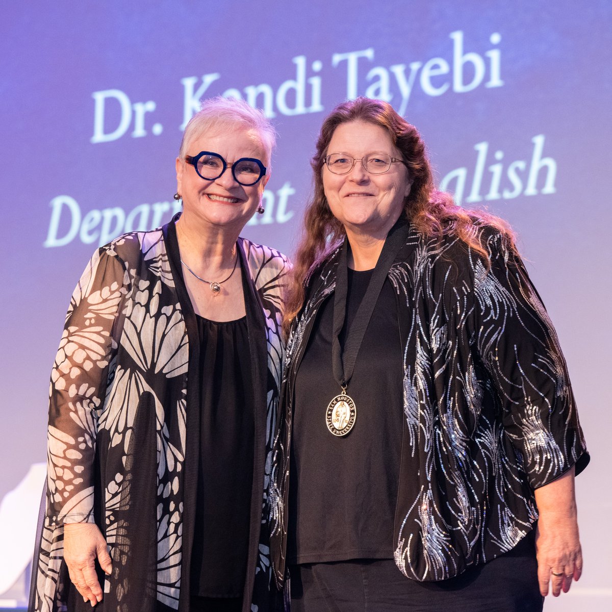 Sam Houston State University's Kandi Tayebi stands with President Alisa White at the 2026 Academic Awards.