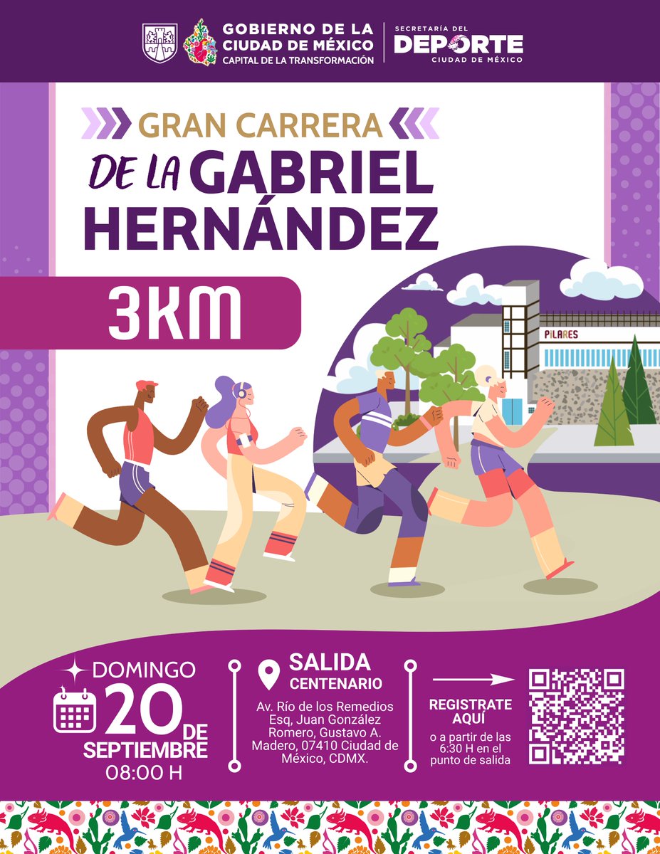 CdmxPilares's tweet photo. 🏁 ¡Es tu turno de correr en la Gran Carrera de la Gabriel Hernández 3K! 👟⚡ 
Prepárate para superar tu marca, disfrutar el recorrido y vivir la emoción de cruzar la meta en comunidad.
🏃🏻‍♀️ Categorías: 
• Libre: 16-39 años
• Máster: 40-49 años
• Veteranos: 50-59 años
• Plus A: 60-69 años
• Plus B: +70 años
📅 Domingo 20 de septiembre
⏰ 8:00 h
📍 Salida: #PILARES Centenario
🏁 Meta: #PILARES Tixtla
🔗Regístrate y prepárate para correr junto a la Secretaría del Deporte y #PILARES: https://t.co/s0jCAtPnC1
¡#PontePila y no faltes! 🏃🏻‍♀️🏃🏻🔥