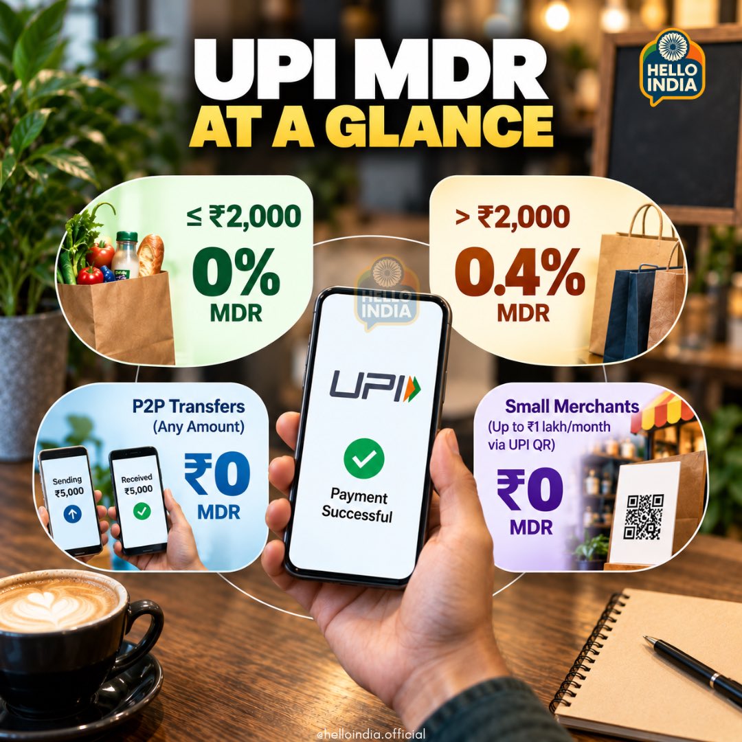 helloindia2047's tweet photo. UPI remains free for customers, but the new MDR framework introduces changes for certain merchant-side transactions.
Up to ₹2,000: 0% MDR for eligible merchant transactions framework.
#UPI #UPIMDR #DigitalPayments #NPCI #FinTech #DigitalIndia #MerchantPayments #UPIPayments https://t.co/2Q4J3yY6pJ