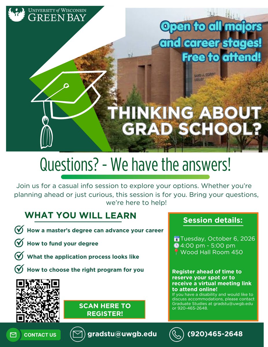 GBGradStudies's tweet photo. Grad school on the brain?👀🎓

Come get the tea on your options - no pressure... just answers!💚

✨ All majors welcome
💸FREE
💭Bring your questions!

@uwgb #gradstudies #whatsnext #masters #letsdothis https://t.co/xhCM2L0bsQ