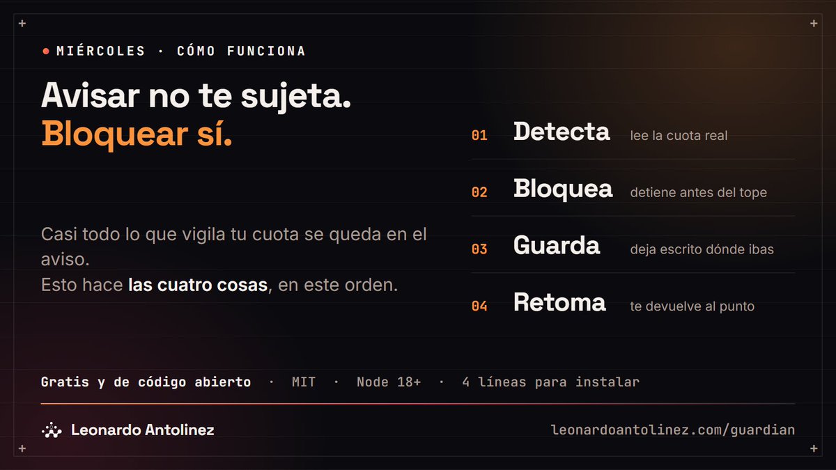 LAntolinezP's tweet photo. Lo que vigila tu cuota casi siempre se queda en avisarte.

Detecta.
Bloquea.
Guarda.
Retoma.

Avisar no te sujeta. Bloquear sí.

https://t.co/fsjgUYQCRn https://t.co/JCK9HlG4Xp