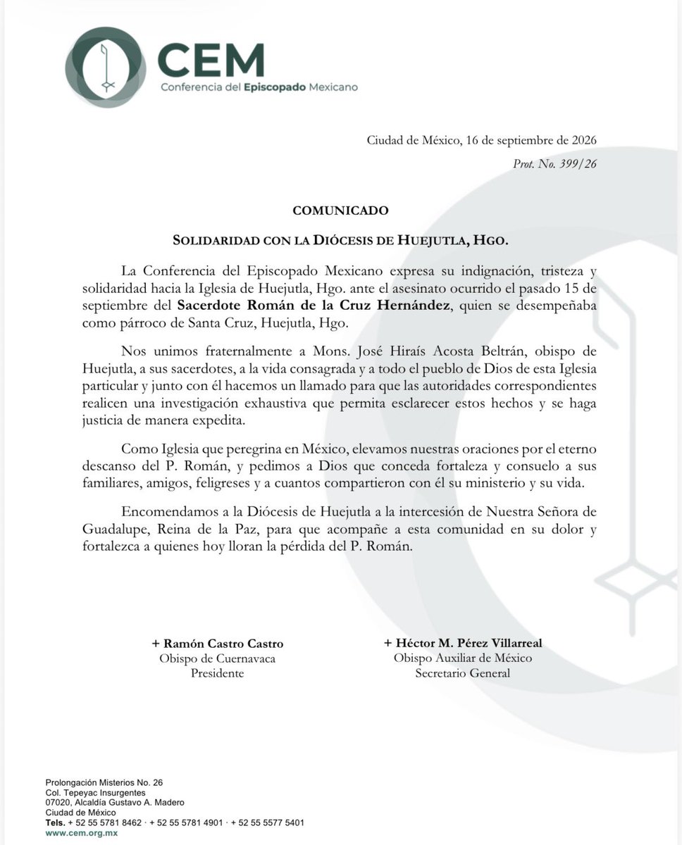 IglesiaMexico's tweet photo. En la Conferencia del Episcopado Mexicano nos unimos en oración y solidaridad con Mons. José Hiraís Acosta Beltrán, la Diócesis de Huejutla y todo su pueblo, ante el asesinato del P. Román de la Cruz Hernández.

Pedimos a Dios por su eterno descanso y por el consuelo de su familia y comunidad. Al mismo tiempo, hacemos un llamado a las autoridades a esclarecer estos hechos y procurar justicia. Encomendamos a la Diócesis de Huejutla a Nuestra Señora de Guadalupe, Reina de la Paz.