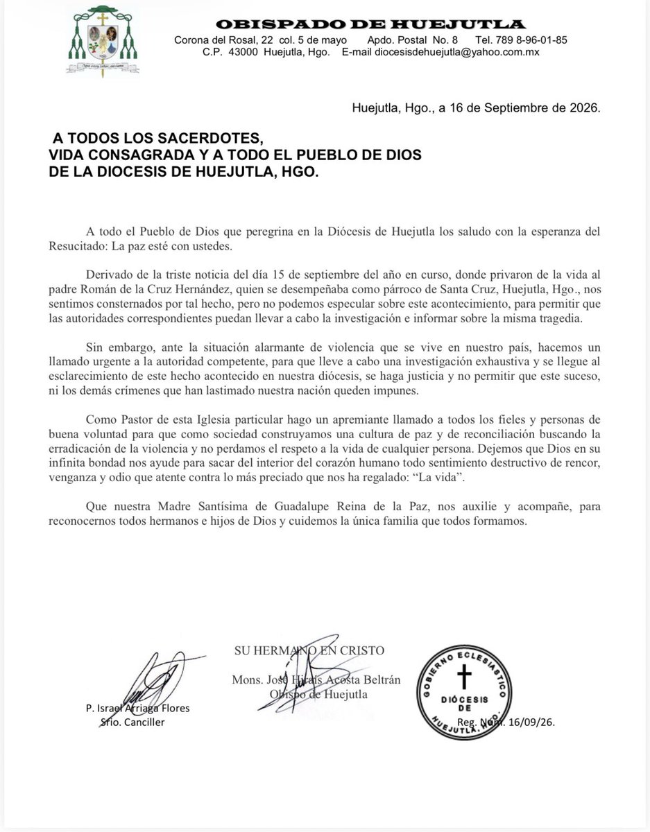 IglesiaMexico's tweet photo. En la Conferencia del Episcopado Mexicano nos unimos en oración y solidaridad con Mons. José Hiraís Acosta Beltrán, la Diócesis de Huejutla y todo su pueblo, ante el asesinato del P. Román de la Cruz Hernández.

Pedimos a Dios por su eterno descanso y por el consuelo de su familia y comunidad. Al mismo tiempo, hacemos un llamado a las autoridades a esclarecer estos hechos y procurar justicia. Encomendamos a la Diócesis de Huejutla a Nuestra Señora de Guadalupe, Reina de la Paz.