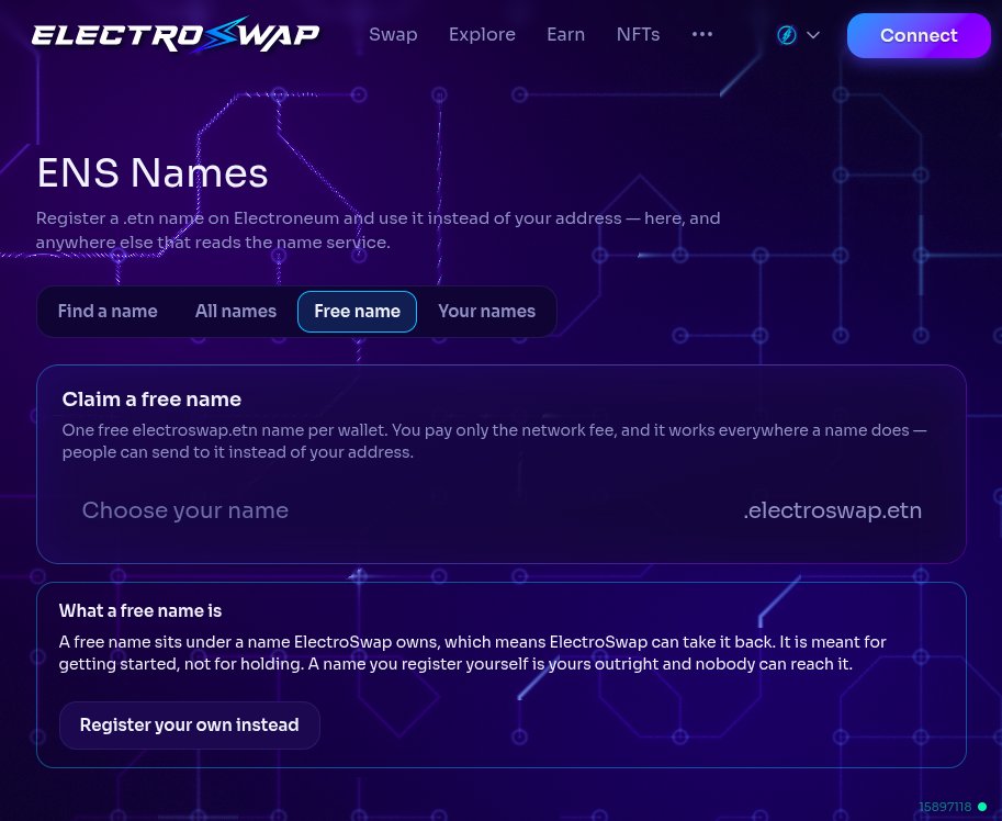 ElectroSwap_Dex's tweet photo. ENS is live on ElectroSwap. 🪪

Your wallet address is now a name.

→ Register a .etn name, right in the app
→ Or claim a free one under electroswap.etn — one per wallet, you just pay gas
→ Set it as your primary name and it resolves everywhere on Electroneum
→ Browse every .etn name and see exactly when each one expires

https://t.co/KYnCS3o0vK