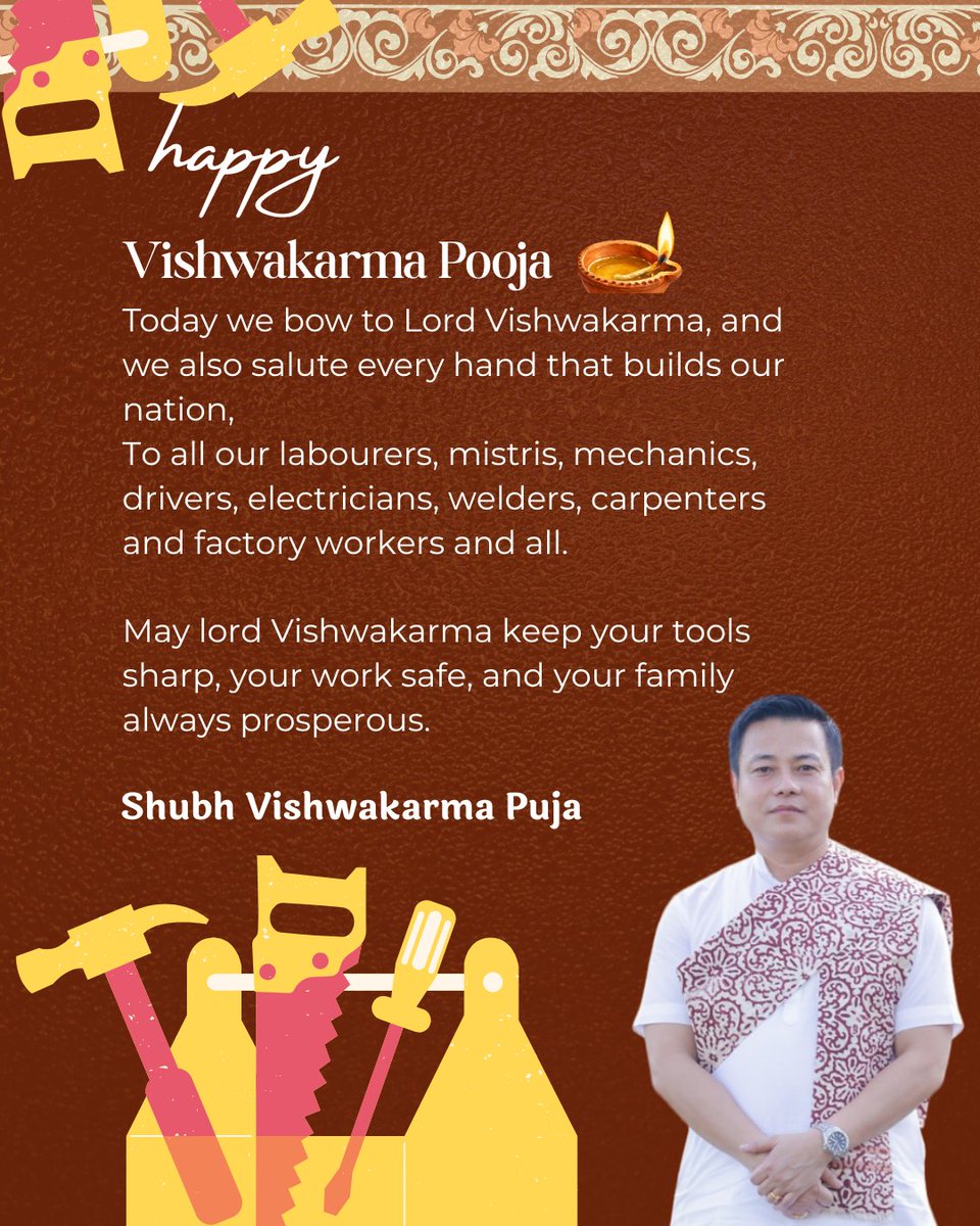 singh_dingo's tweet photo. Today we bow to Lord Vishwakarma, and we also salute every hand that builds our nation,
To all our labourers, mistris, mechanics, drivers, electricians, welders, carpenters and factory workers and all.

May lord Vishwakarma keep your tools sharp, your work safe, and your family always prosperous.

 #VishwakarmaPuja