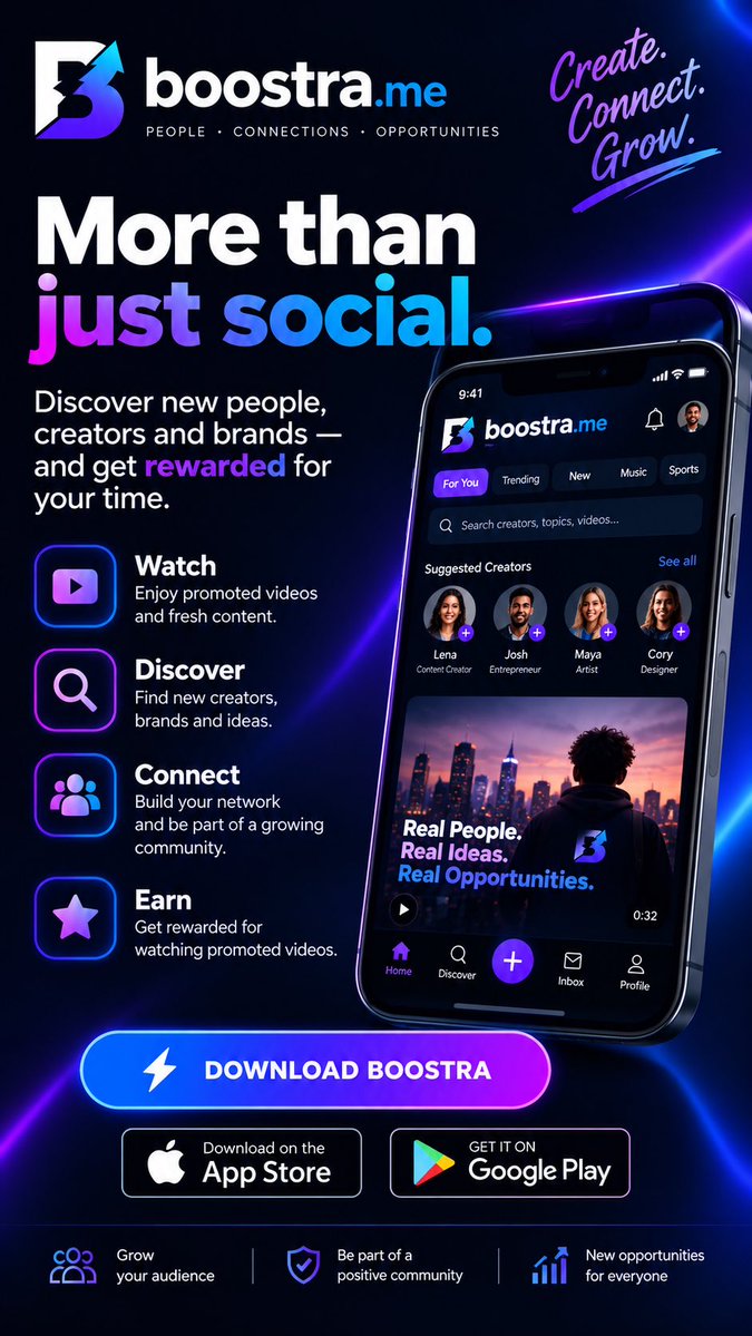 theboostraapp's tweet photo. 🚀 MORE THAN JUST SOCIAL MEDIA.
Discover new people, explore fresh content, connect with your community and unlock new opportunities with Boostra. 💙💜
👀 Watch. 🌍 Discover. 🤝 Connect. 🎁 Earn rewards.
Your next connection could open a new door. Start building your future https://t.co/xSgJXaIGuk