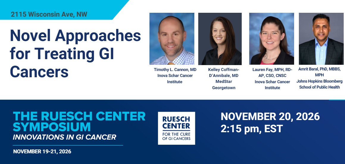 RueschCenter's tweet photo. Join us for the 17th Annual Ruesch Center Symposium on Nov. 20- 21! Session Topic: Novel Approaches for Treating GI Cancers. @LombardiCancer @MedStarGUH  @JohnsHopkinsSPH @InovaHealth @OncLive  #GIcancer. Register today: https://t.co/CpK5xzjvt4 https://t.co/nTps3XRiLE