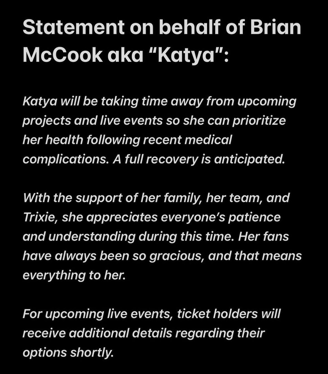Drag_Crave's tweet photo. Katya has been announced to take time away from upcoming projects and live events in order to prioritize her health following recent medical complications. 🤍 https://t.co/jlb2Zlx1Zz