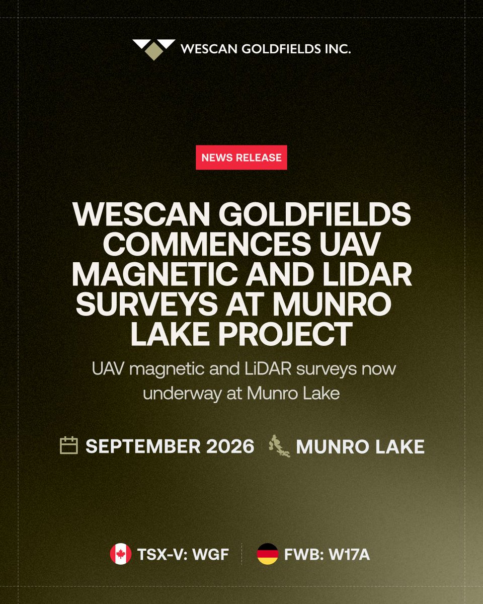 WescanGold's tweet photo. NEWS RELEASE: Wescan Goldfields Commences UAV Magnetic and Lidar Surveys at Munro Lake Project  

https://t.co/5BulIs9Ho1

🇨🇦 $WGF.V 🇩🇪 $W17A #news #investing #metals #mining #exploration #saskatchewan #drilling https://t.co/j2kaonouOA