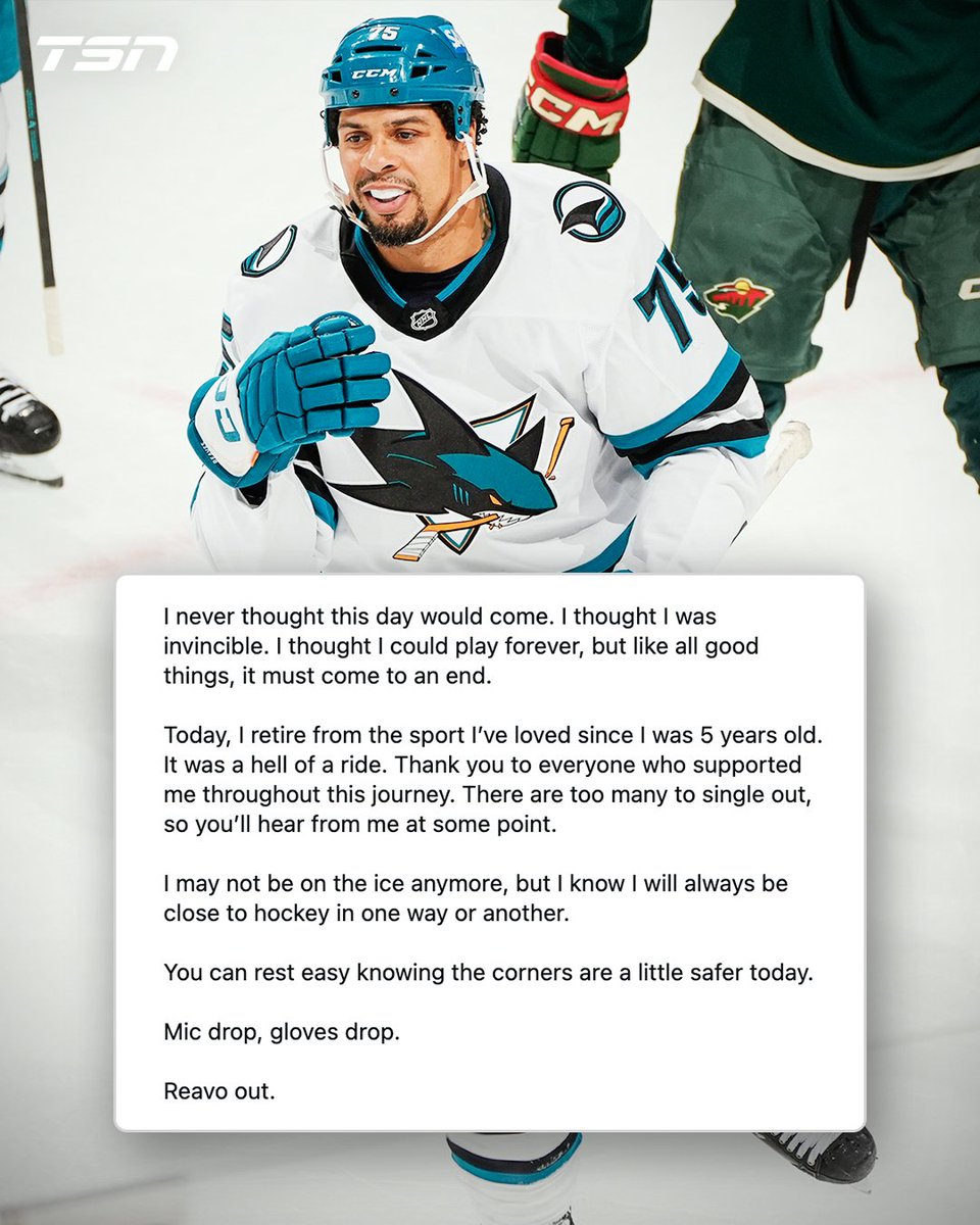 TSN_Sports's tweet photo. "You can rest easy knowing the corners are a little safer today.

Mic drop, gloves drop.

Reavo out."

Ryan Reaves' full statement on his Instagram, announcing his retirement. https://t.co/Lg2rUvn6OB