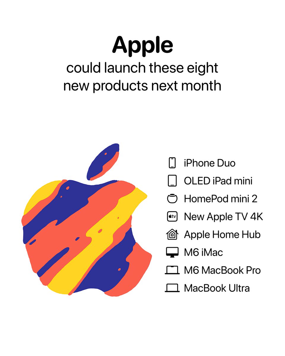 theapplehub's tweet photo. Apple could launch these eight new products next month based on rumors 🚨

The iPhone Duo will launch on October 23rd https://t.co/6e57HMUh4e