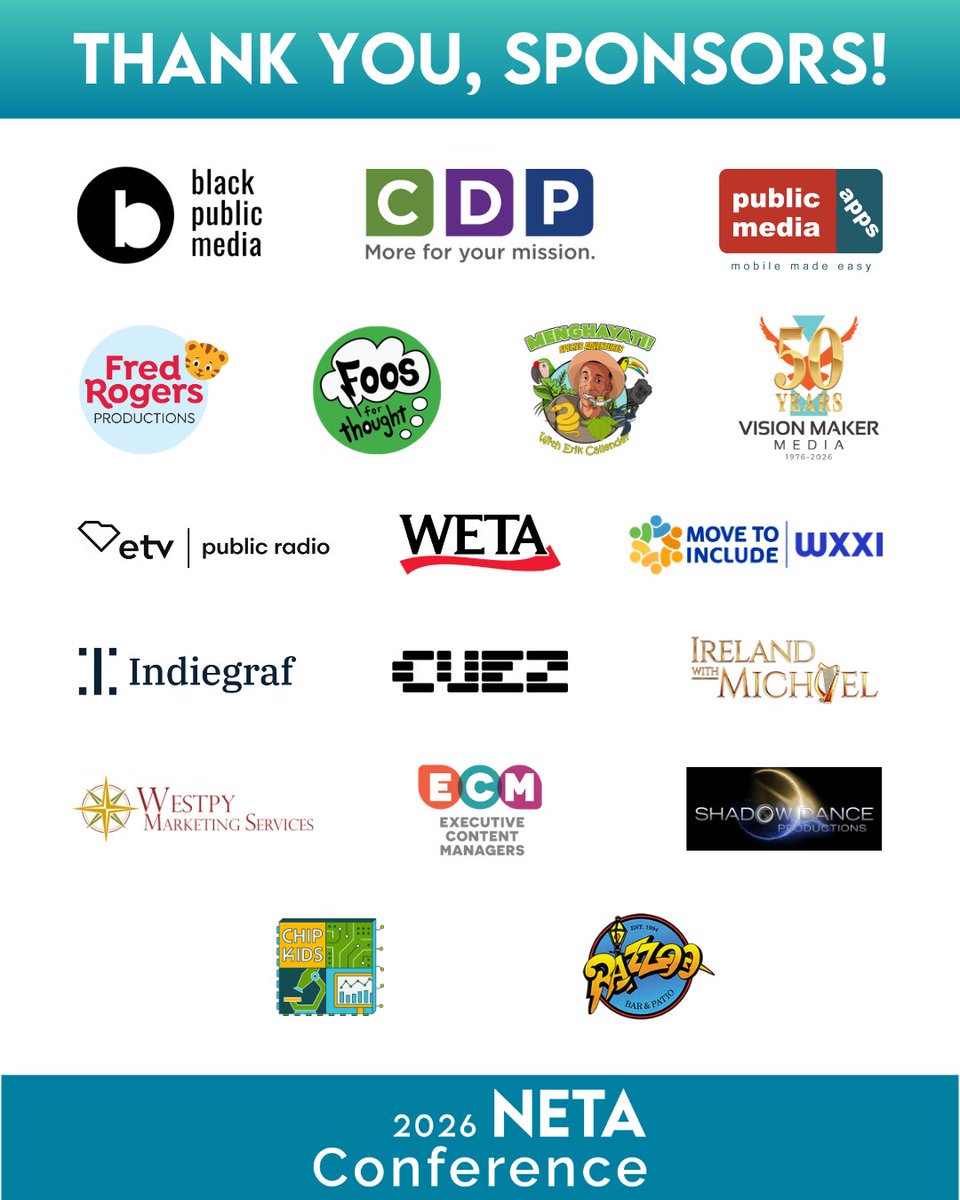 NETA_Tweets's tweet photo. BIG THANKS to all our #NETAconference sponsors for making the 2026 conference possible! 
@pmbaonline
#PubMediaEducates https://t.co/8M42pY722Y